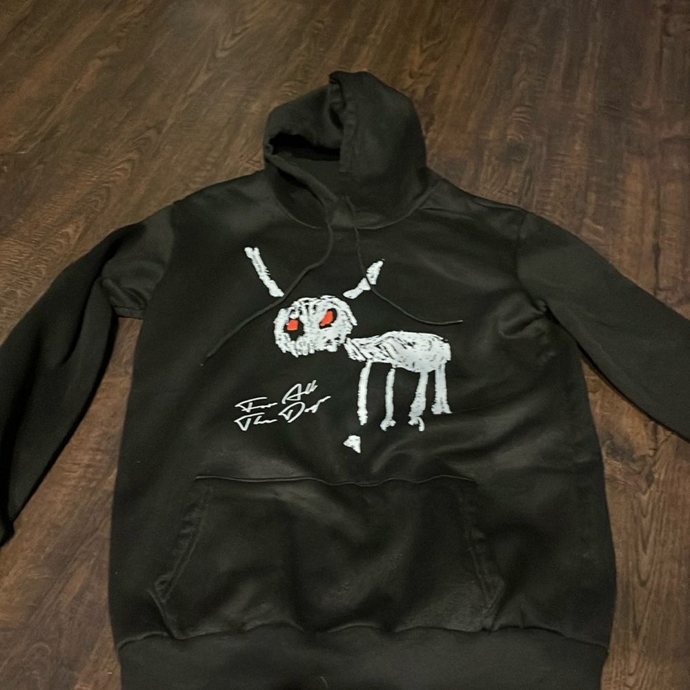 “for all the dogs” drakes album cover with saying on the back, very comfy, black